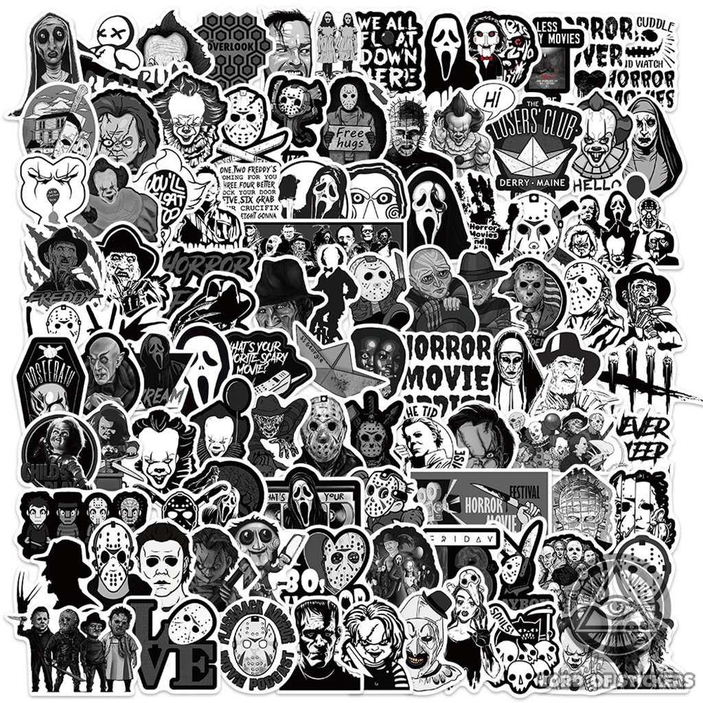 Set 100 Hình Dán Phim Kinh Dị Sticker Đen Trắng Chống Thấm Nước Trang Trí Mũ Bảo Hiểm, Laptop, Điện Thoại, Đàn Guitar