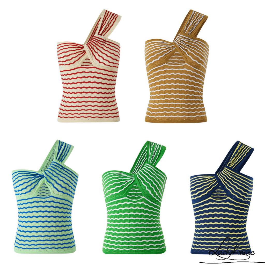 Áo Dệt Kim Không Tay Hở Vai Ôm Dáng Màu Sắc Tương Phản Dành Cho Nữ