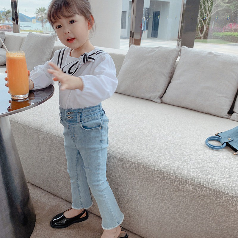 Quần jeans lưng cao ống loe phong cách Hàn Quốc cho bé gái 4-6 tuổi