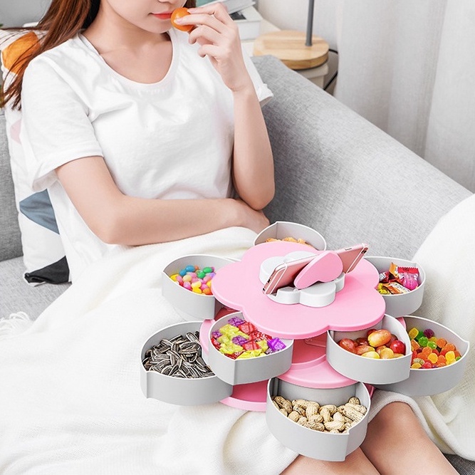 Khay Đựng Bánh Kẹo Mứt Tết, Hộp Mứt 2 Tầng 8 Ngăn Xoay 360 Độ Full Hộp Song Anh