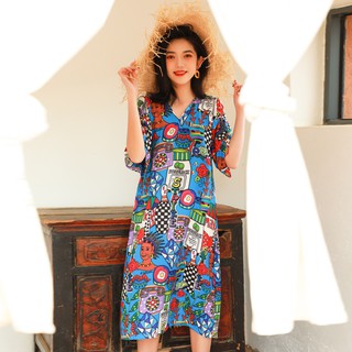 Đầm voan ngắn tay in họa tiết cách điệu phong cách Bohemian dành cho nữ