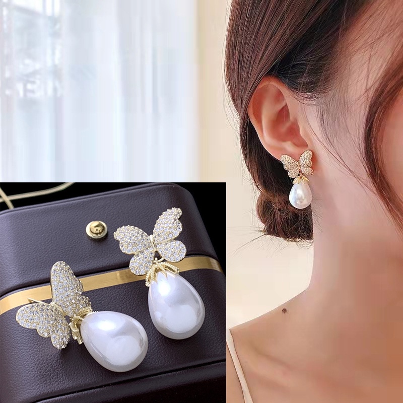 Bông Tai Hình Bướm Đính Ngọc Trai Đơn Giản Thời Trang Cho Nữ