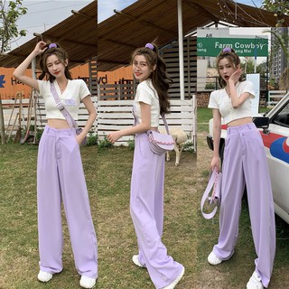 Quần ống rộng dáng dài cúc cài trước màu tím vải mềm mại hot trend