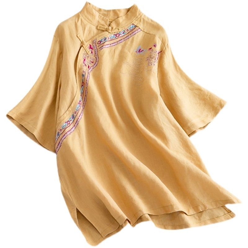 Áo Sơ Mi Vải Lanh Cotton Cổ Đứng Tay Ngắn Cài Khuy Thêu Họa Tiết Kiểu Trung Hoa Thời Trang Mùa Hè 2022 Cho Nữ