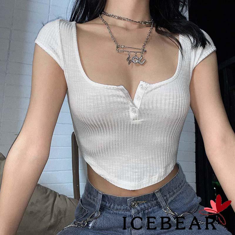 Áo croptop tay ngắn cỗ chữ U đính nút màu trơn mùa hè