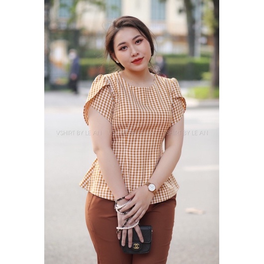 Áo kẻ caro cam tay búp sen