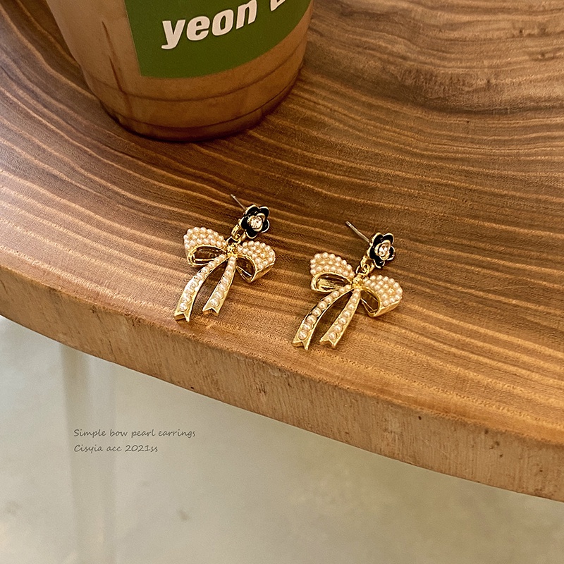 Bông Tai Hình Nơ Đính Ngọc Trai Màu Đen Phong Cách Hàn Quốc Dành Cho Nữ