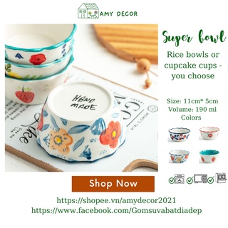 Bát cơm, chén cơm, bát ăn dặm cho bé, cốc nướng cupcake gốm sứ cao cấp, họa tiết vẽ tay an toàn