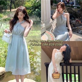 Đầm yếm đi biển, event, dự tiệc sang chảnh màu xanh ngọc, Váy maxi voan tơ 2 lớp xoắn trước cổ yếm