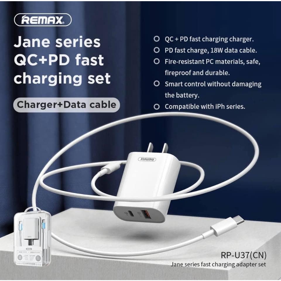 Sạc nhanh Remax RP-U37 kèm dây sạc iPhone type C