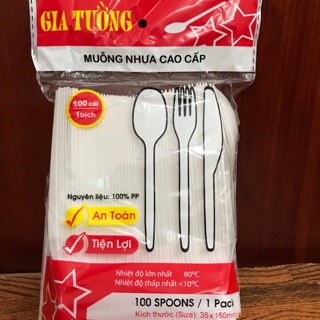 100 Thìa Nhựa Gia Tường Màu Trắng Sữa Cao Cấp, Muỗng Nhựa