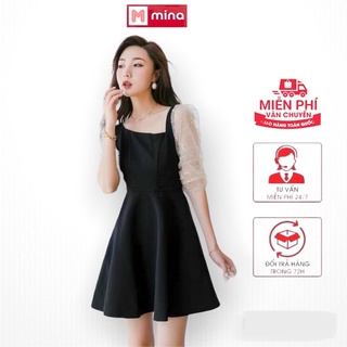 Đầm ngắn, tay lỡ phối lưới kim tuyến vải cotton siêu đáng yêu