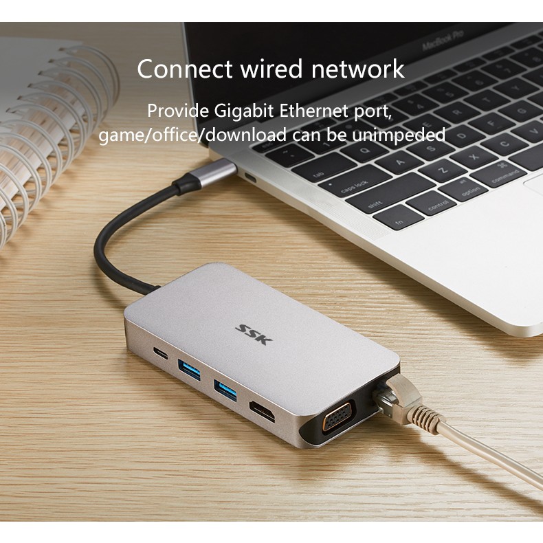 Bộ hub đa năng SSK SHU-C520 cổng TypeC ra USB 3.0/Thẻ nhớ/LAN - kèm chức năng xuất HDMI/VGA