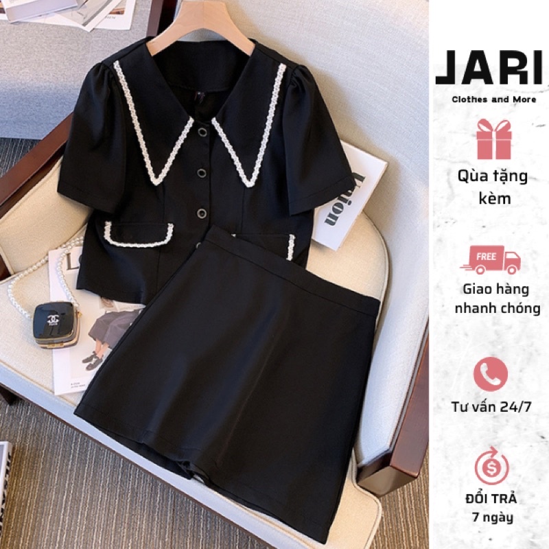 Sét Váy Bigsize Viền Ren Cổ Nhọn JARI-CLOTHES Đen Lót Quần Nữ Đẹp