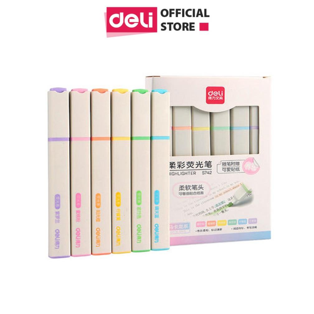 Bút highlight kèm sticker Deli - nhấn dòng macaron dạ quang - hộp 6 chiếc - S742 .