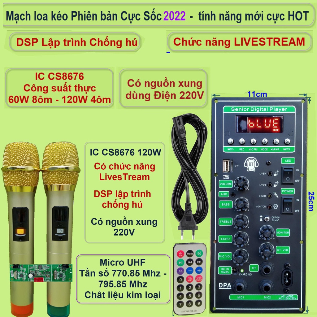 Mạch loa kéo 3 tấc đơn 3 đường tiếng LIVESTREAM DSP chống hú IC CS8676 120W nguồn xung 220V  và micro đôi