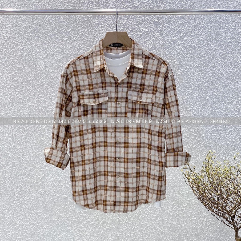BST Áo Sơ Mi Nam Form Rộng Mẫu Caro Mới Hai Túi, Kẻ Nổi BEACON DENIM Mã 418-423