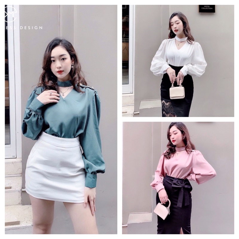 Áo lụa chorker đính cúc vai