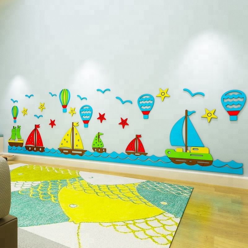 Tranh dán tường mica 3d decor khổ lớn cuộc đua thuyền buồm trang trí mầm non, phòng cho bé Nhiều Size - EPeBen
