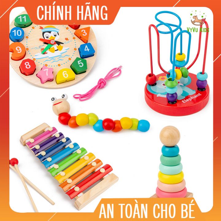 Combo 7 đồ chơi phát triển trí tuệ, Đồ chơi gỗ thông minh cho bé - giáo cụ Montessori đàn gỗ, thả hình khối VyVu Kids