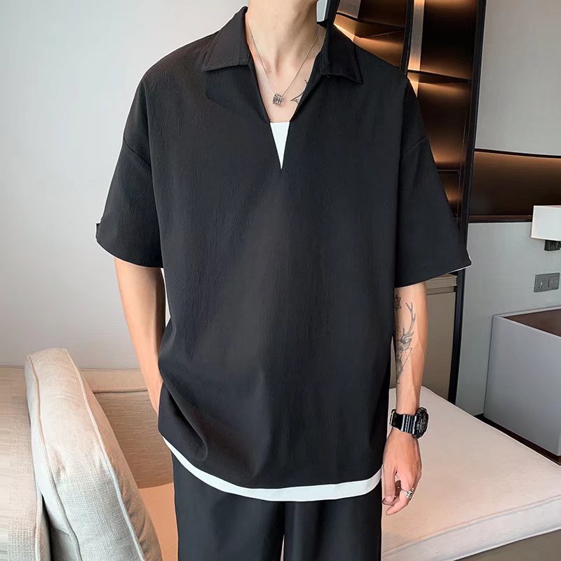 Áo Thun Polo Tay Ngắn Cổ Chữ V Màu Trơn Dáng Rộng Phong Cách Hàn Quốc Thời Trang Mùa Hè Dành Cho Nam Size M-2XL