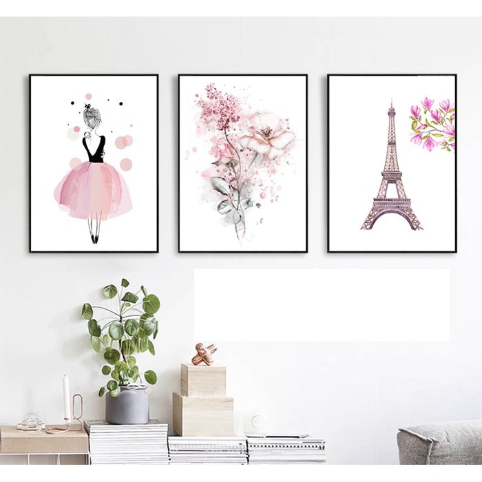 Tranh treo tường canvas cô gái và tháp Eiffel decor trang trí phòng khách &amp; phòng ngủ có khung cao cấp khổ lớn tặng đinh