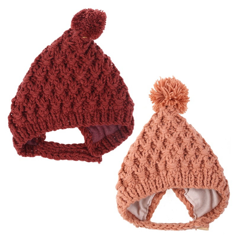 Mũ Beanie Dệt Kim Màu Trơn Đính Bóng Lông Giữ Ấm Tai Thời Trang Mùa Đông Cho Bé Trai Và Gái