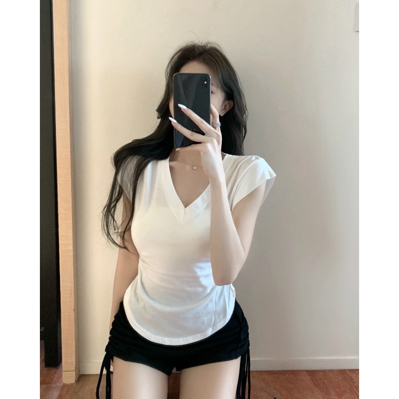 Cocory vn Áo Thun Nữ Ngắn Tay Cổ Chữ V Thời Trang