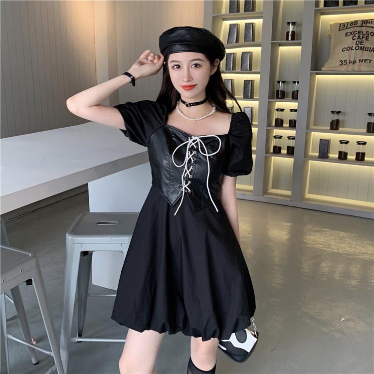 Short-sleeved square neck women's skirt with Hong Kong style seamless A-line skirt new summer women's clothing