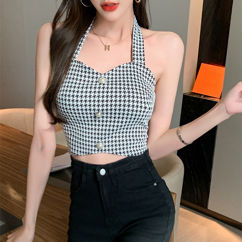 Áo hai dây họa tiết Houndstooth quyến rũ thời trang thu đông | BigBuy360 - bigbuy360.vn