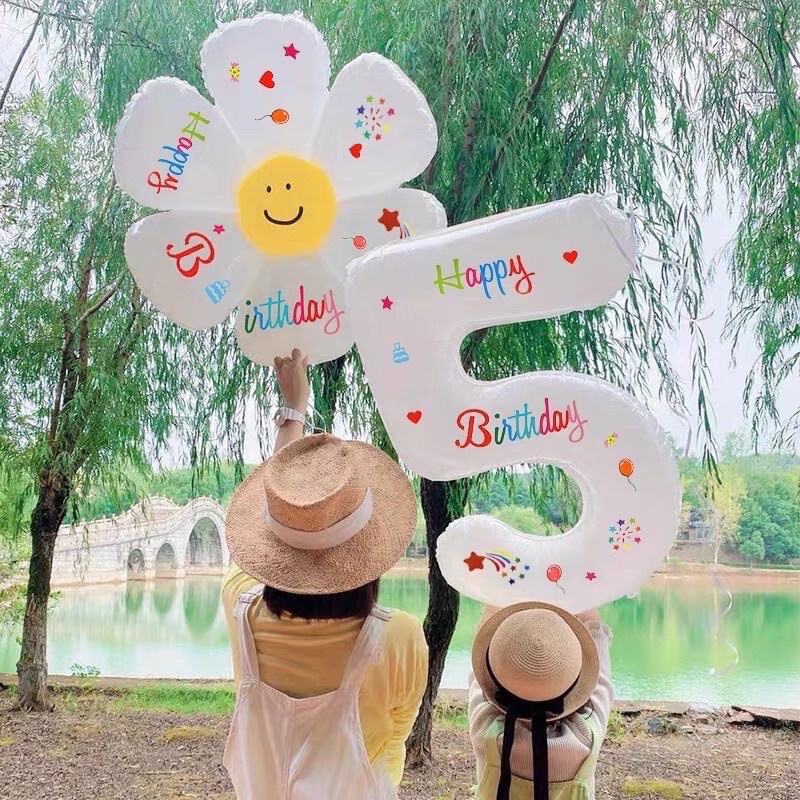Bóng số tuổi màu trắng cỡ lớn 70cm kèm sticker Happy Birthday