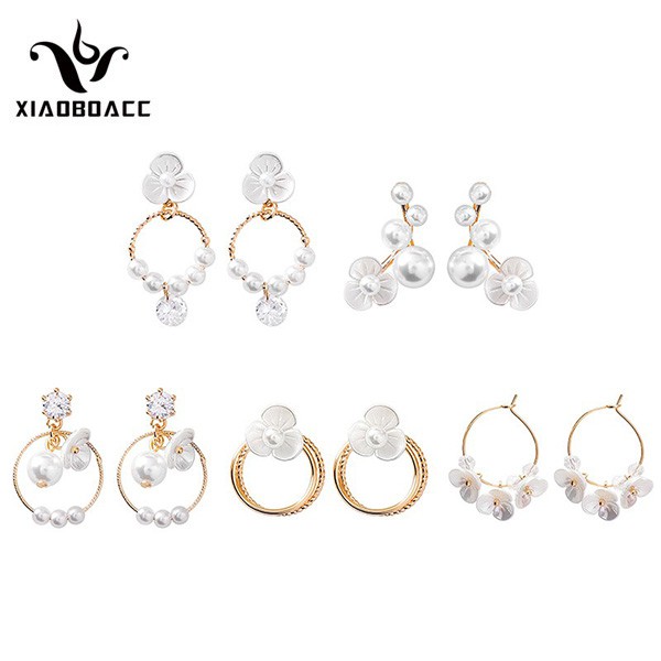 XiaoboACC Bông Tai Mạ Bạc S925 Hình Hoa Đính Zircon/ngọc Trai Giả/vỏ Sò Phong Cách Hàn Quốc