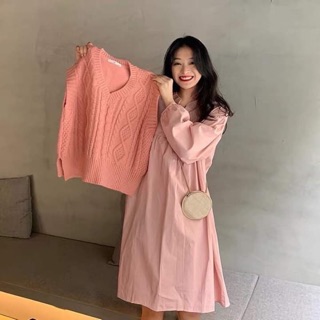 Set áo gile len+ váy hồng
