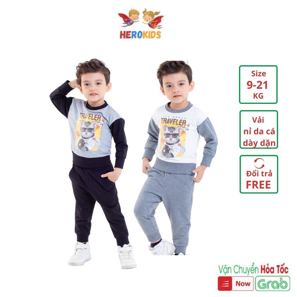 Bộ Dài Tay Chất Nỉ Dày Dặn In Hình Mèo Dành Cho Bé Trai Thiết Kế Cao Cấp Herokids BB25