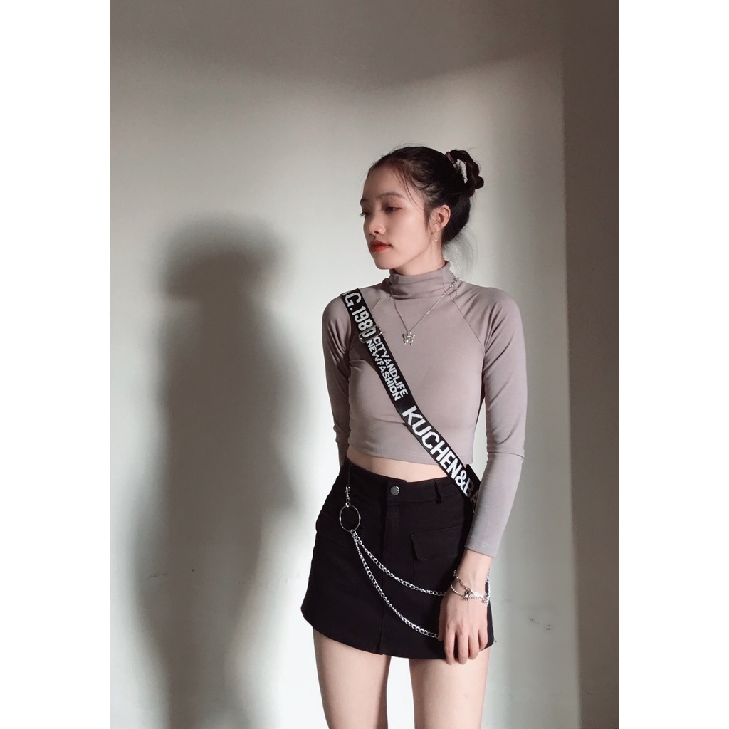 Áo Croptop Nữ Tay Dài Cao Cổ, Cổ Lọ Kiểu Ôm Body Vải Cotton 100%, Co Giãn, Không Xù, Áo Thu Đông A03