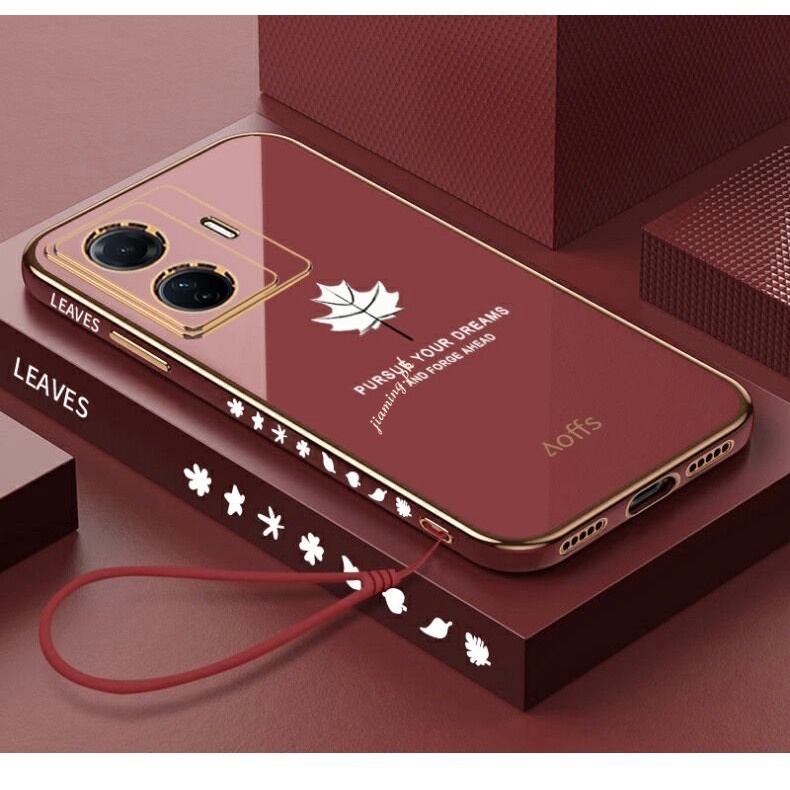 Ốp Điện Thoại Silicon Vuông Mạ Màu Họa Tiết Lá Phong 6D Bảo Vệ Camera Cho VIVO Y02S Y16 Y35 Y20i Y20 Y15A Y15S Y01