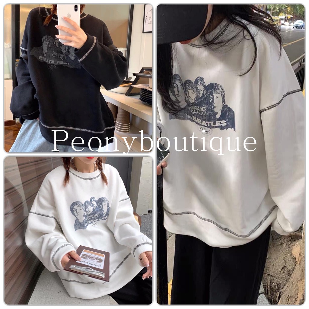 Áo Nỉ The Beatles Kẻ Viền PEONYB Nữ [FREESHIP] Hoodie thun form rộng tay bồng in hình màu TRẮNG | ĐEN cá tính Ulzzang
