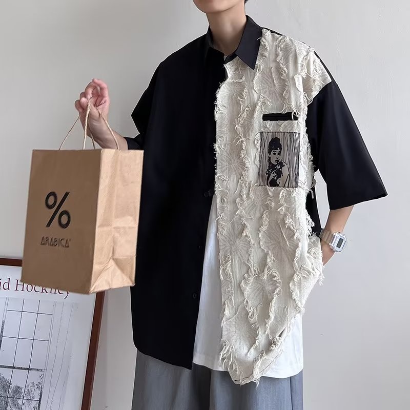 ♞AFF LIGA♞ Áo Sơ Mi Tay Ngắn Dáng Rộng Thoáng Khí Phối Màu Đen Trắng Phong Cách Hàn Quốc Thời Trang Mùa Hè Cho Nam