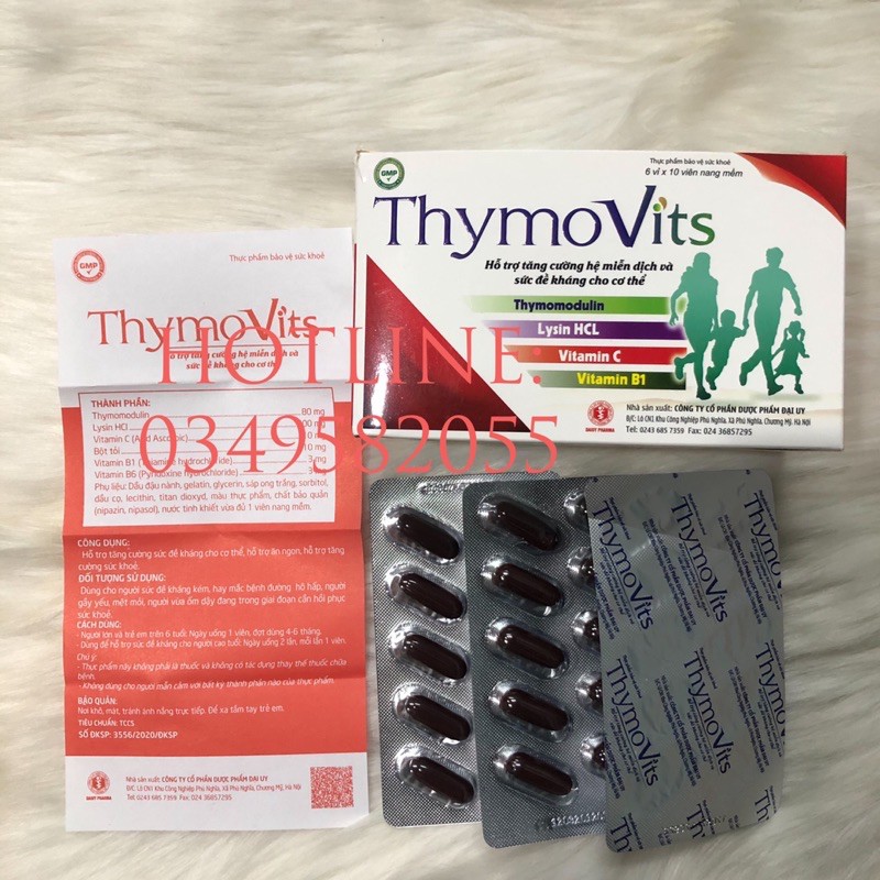 THYMOVITS - tăng cường hệ miễn dịch hộp 60 viên nang mềm - vitamin c - lysin hcl - vitamin b1 - thymomodulin