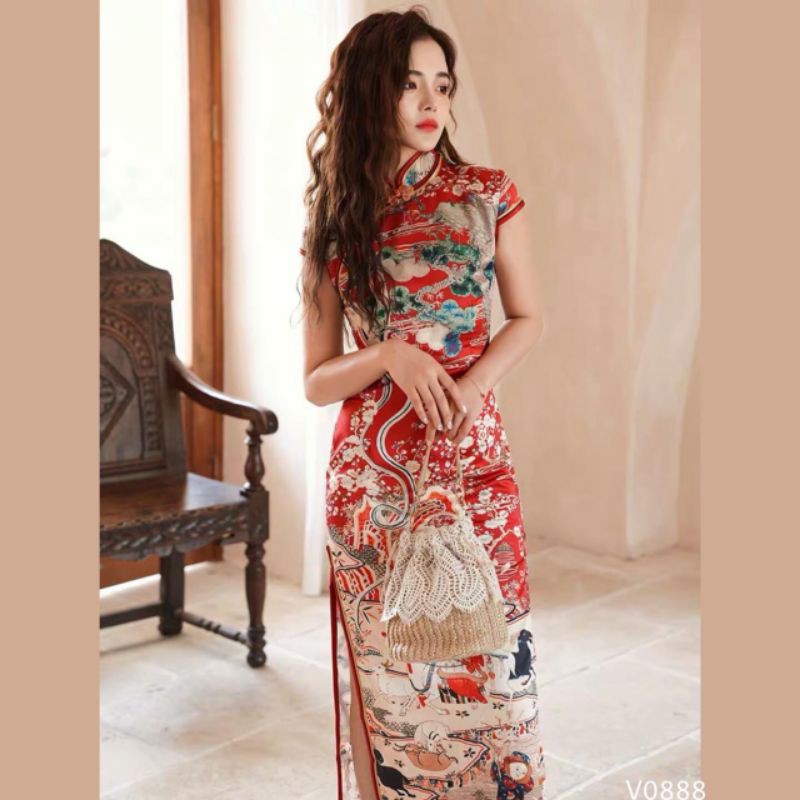 Váy Sườn Xám Cổ Tàu Tay Ngắn Cực Đẹp Đón Xuân