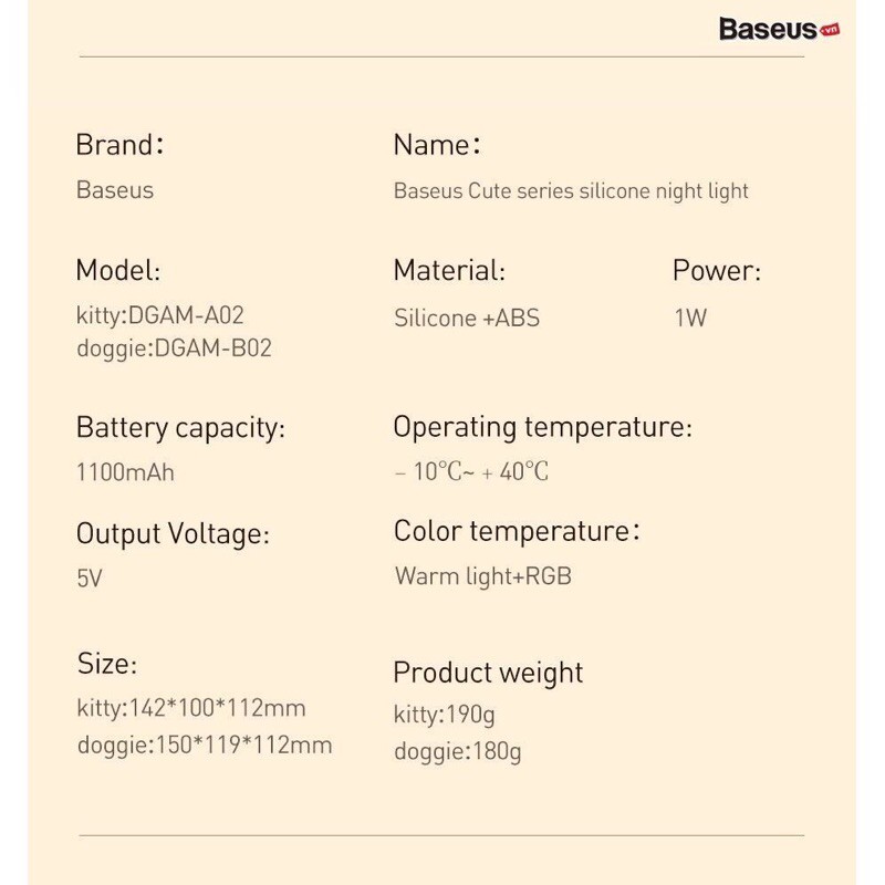 Đèn ngủ cảm biến đổi màu thông minh Baseus Cute Series Doggie Silicone Night Light 1100mAh re-Charge battery, Touch