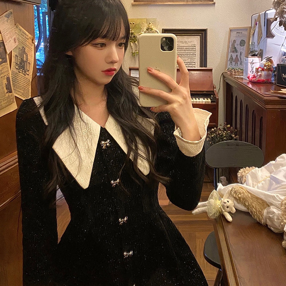 Váy babydoll đầm babydoll One Đầm Nhung Cổ Búp Bê Dáng Chữ A Màu Đen Thời Trang Mùa Đông Dành Cho Nữ