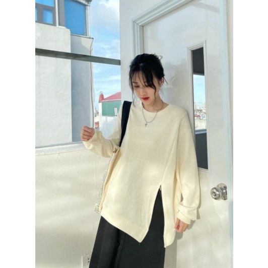 Áo sweater nữ cổ tròn xẻ tà trơn  Form rộng dài tay,áo sweate màu (đen,hồng,trắng kem) | BigBuy360 - bigbuy360.vn