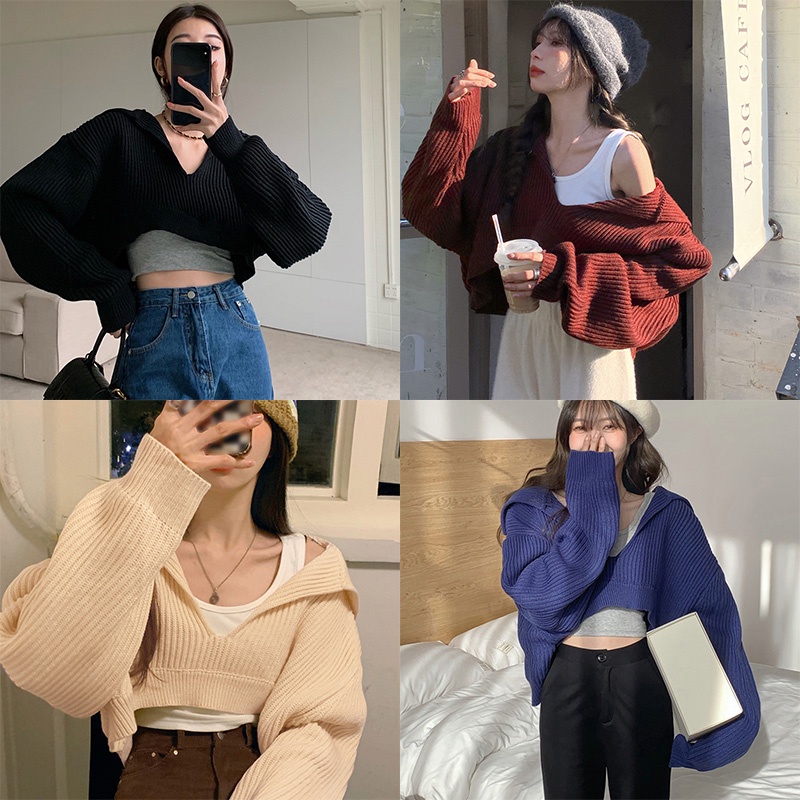 Áo len lửng tay dài cổ chữ V màu sắc thời trang cho nữ