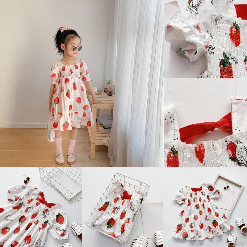 Đầm Tay Phồng Họa Tiết Dâu Tây Cho Bé 3-8 Tuổi
