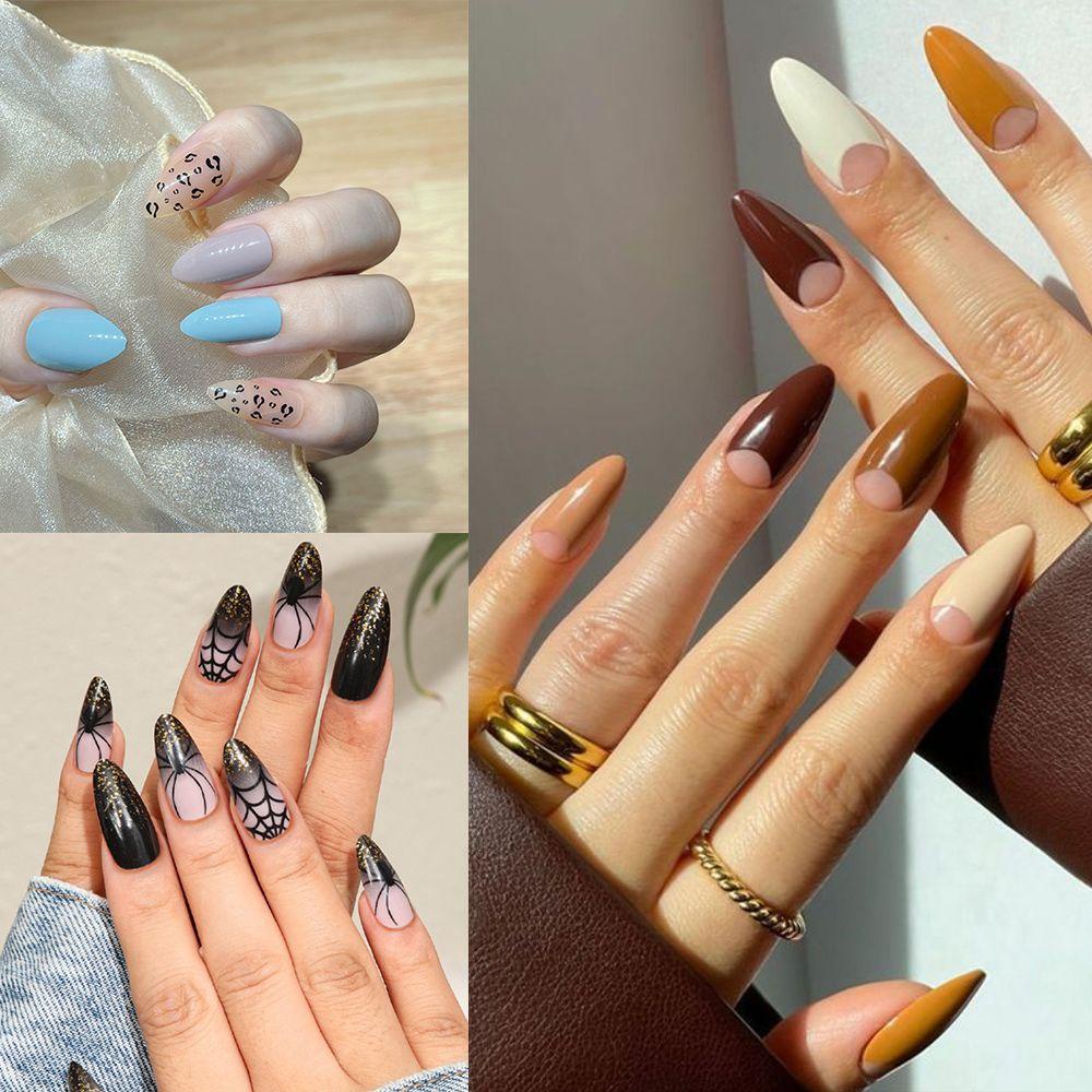 Bộ 24 Móng Tay Giả Màu Đen In Họa Tiết Da Báo / Nhện Kiểu Pháp Thời Trang Mùa Đông