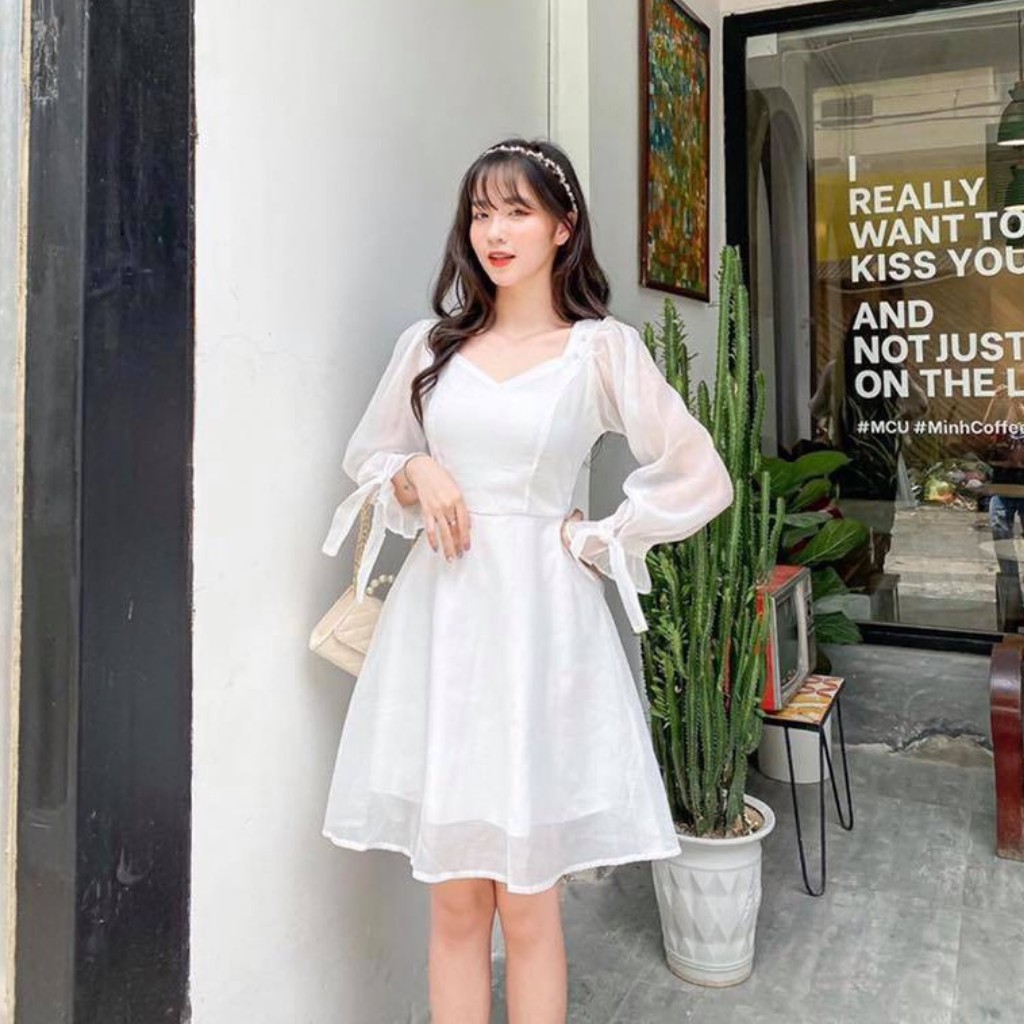 Đầm trắng dáng xòe cổ vuông phối nút bọc tay nơ [KÈM ẢNH THẬT] | BigBuy360 - bigbuy360.vn