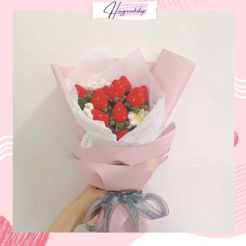 Hoa dâu tây bằng len, Bó hoa dâu tây len handmade tặng người yêu bạn bè
