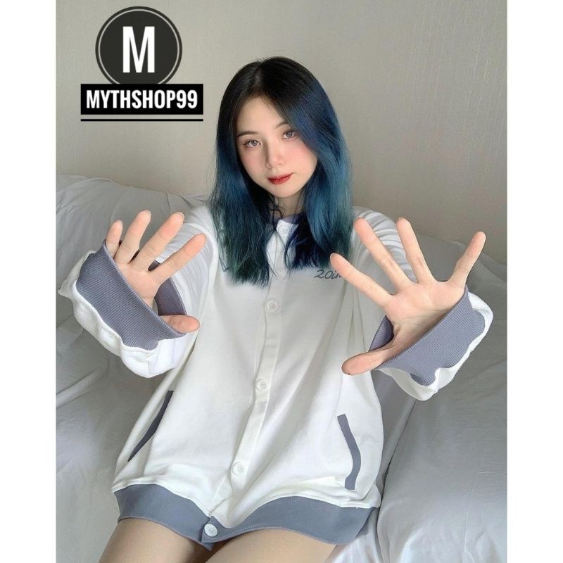 Áo Khoác Nỉ Bông Cardigan WHATISLOVE 20inch Trắng Phối Xanh Đậm Unisex Ulzzang