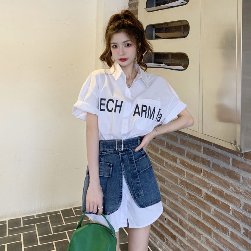 Set váy chân váy jean Set Áo Sơ Mi Dáng Rộng In Chữ + Chân Váy Denim Thời Trang Mùa Hè 2022 Dành Cho Nữ